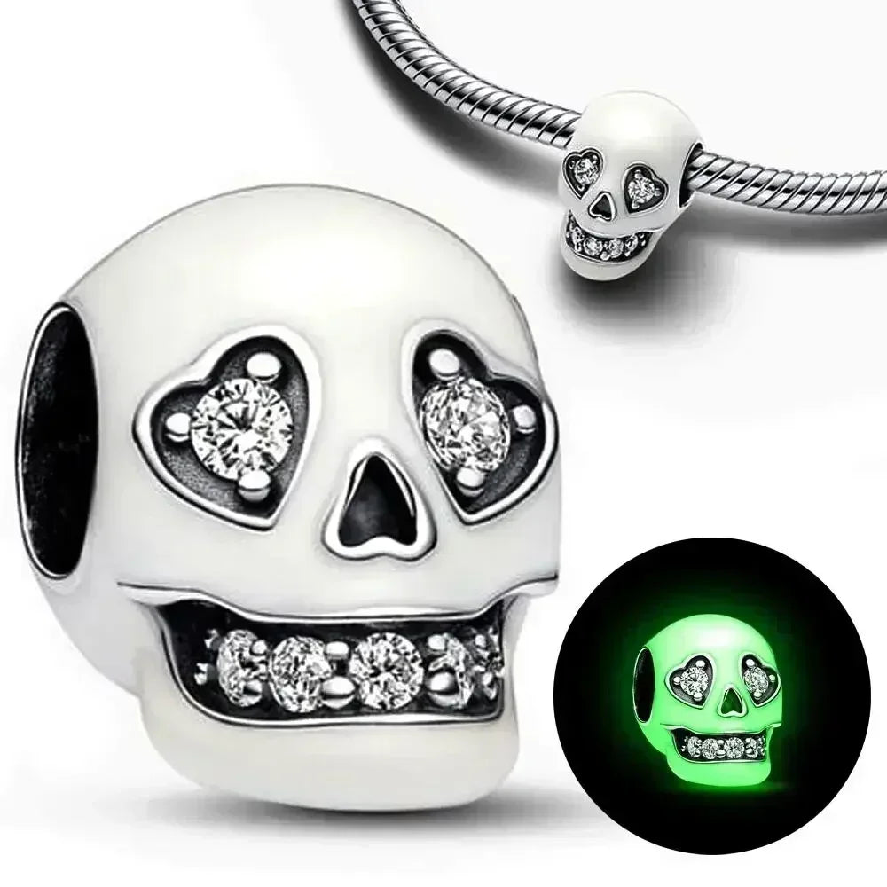 Halloween 925 Sterling Silver Skull Charm Luminous Pumpkin Bat Ghost Coffin Bead Pendant Ring Necklace Bracelet DIY Jewelry Gift