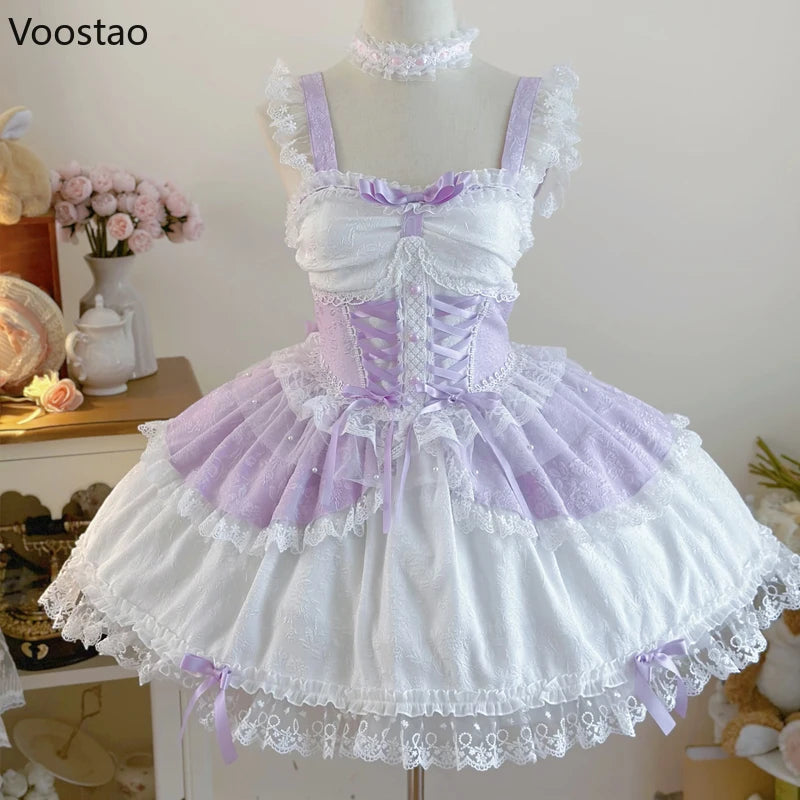 Japanese Sweet Lolita Jsk Dress Women Elegant Ruffles Lace Bandage Princess Strap Dresses Girls Y2k Kawaii Tea Party Mini Dress