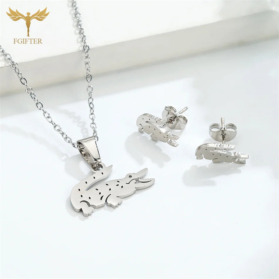 Crocodile Jewelry Set Stainless Steel Stud Earrings and Pendant Chain Necklace - Madeinsea©