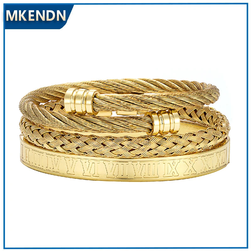 MKENDN Luxury Roman Number Charm Woven Stainless Steel Bracelet Hip Hop Men Jewelry Gold Color Jewelry For Men Pulseira Gifts
