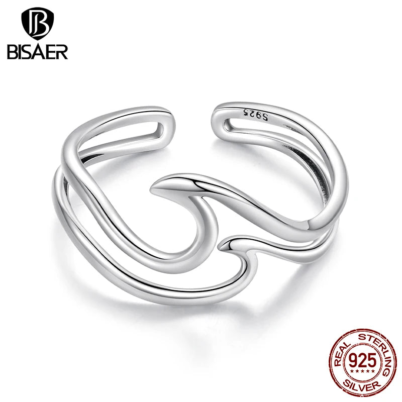 BISAER 925 Sterling Silver Curved Double-layer Open Ring Adjustable Irregular Lines Rings for Women Party Original Fine Jewelry