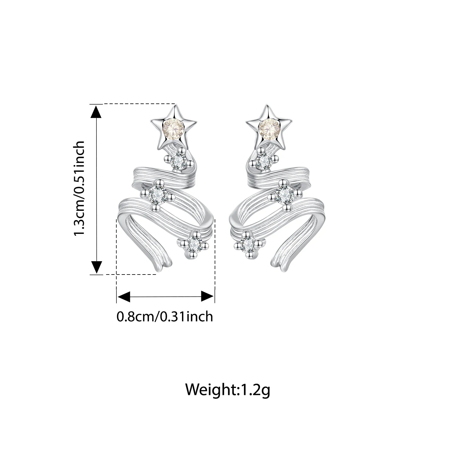 BAMOER 925 Sterling Silver Christmas Tree Stud Earrings, Curved Texture CZ Star Earrings for Women Teens Lovely Xmas Gift