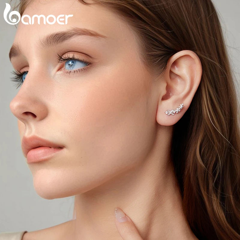 BAMOER 925 Sterling Silver Clover Crawler Stud Earrings Sparkling Zircons Branch-shaped Ear Cuffs Women Hypoallergenic Jewelry