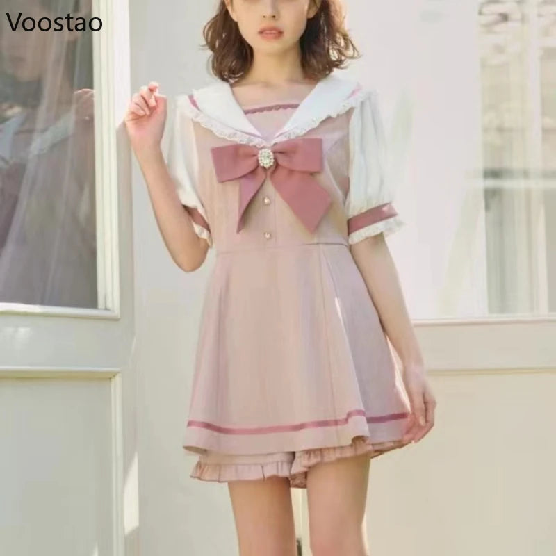 Japanese Gothic Y2k Lolita Plaid Dress Shorts Set Women Sweet Bow Sailor Collar Puff Sleeve Party Dresses Female A-Line Dress