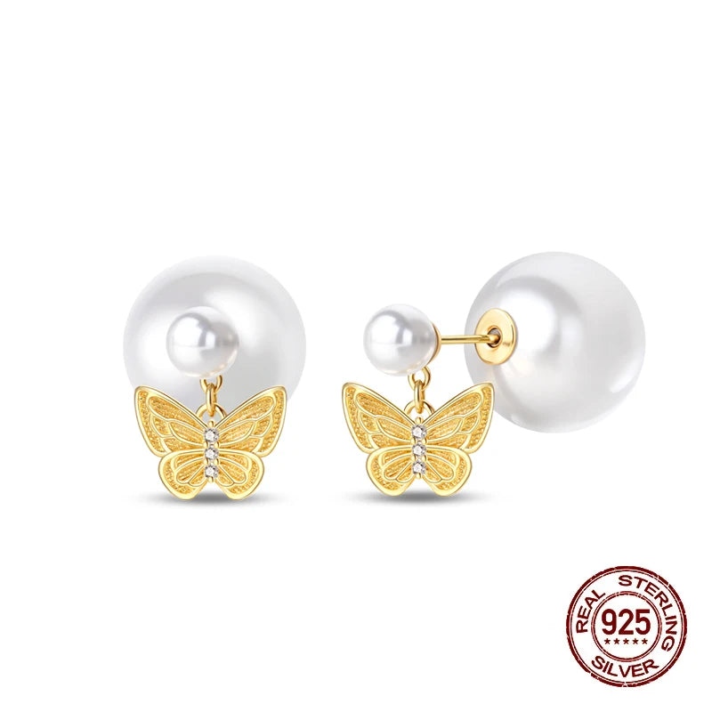 New Pearl Earrings 925 Silver Stars Moons Butterfly Sea Shell Golden Hoop Earrings Ear Stud For Women Engagement Luxury Jewelry
