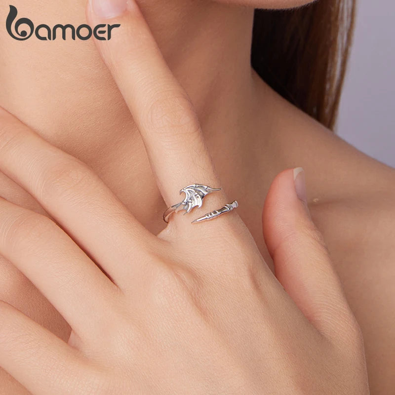 BAMOER 925 Sterling Silver Devil Wings Open Ring Vintage Style Adjustable Finger Ring Original for Women Punk Jewelry Gift