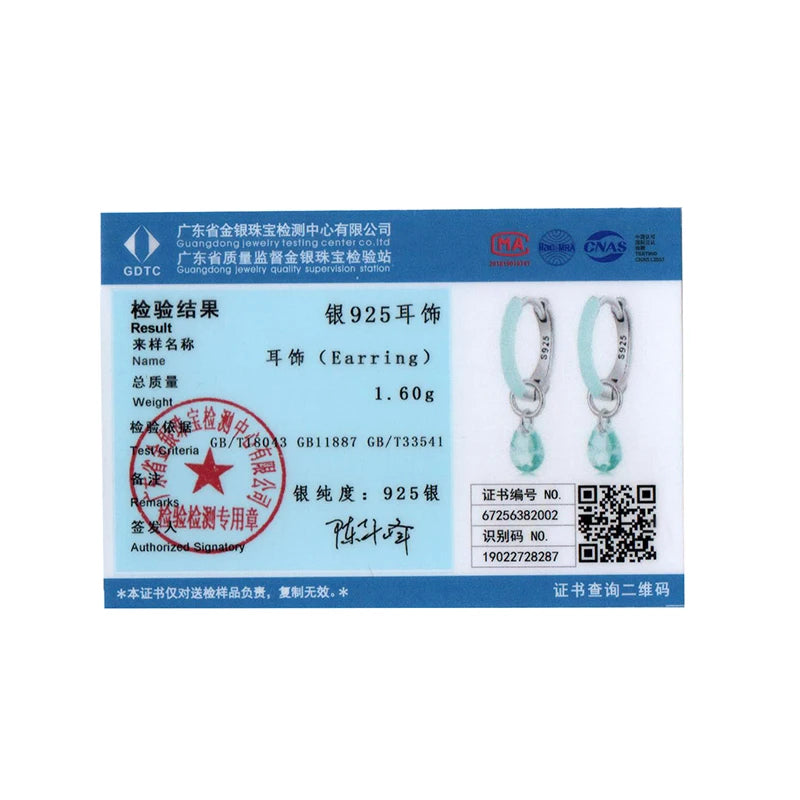 BISAER 925 Sterling Silver Summer Droplet Hoop Earrings Green Water Drop Ear Hooks for Women & Girls Party Fine Jewelry ECE1875