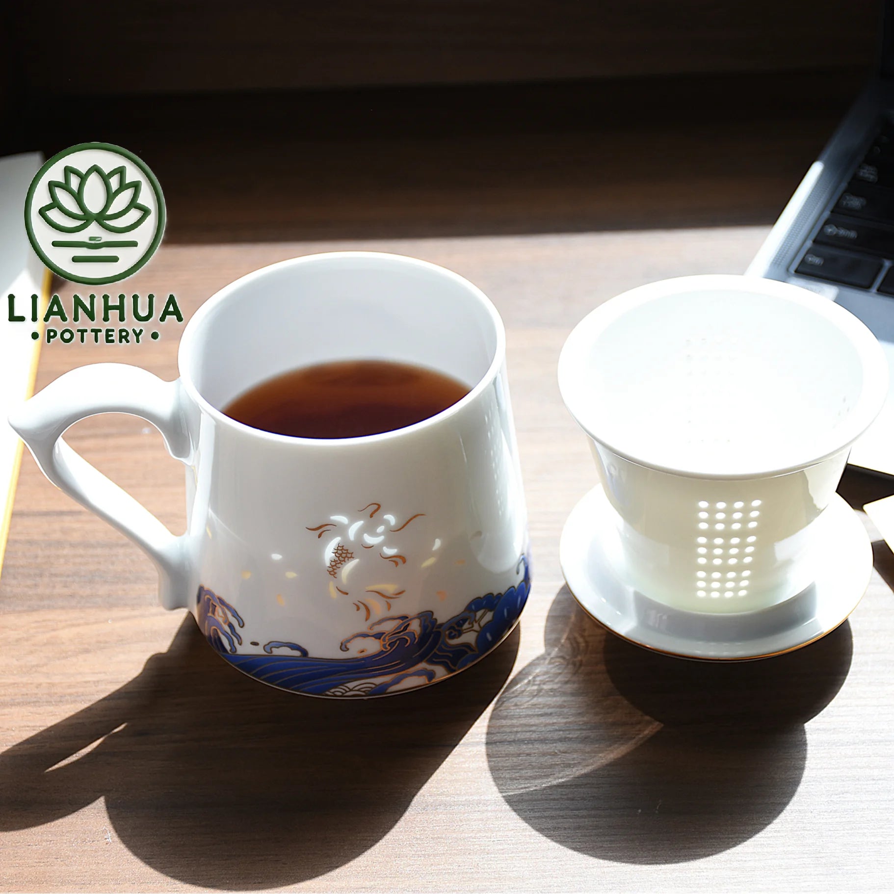 LIANHUA POTTERY Linglong Porcelain Mug with Tea Strainer Handcrafted Pierced Golden Koi and Blue Wave Cup Luxury Anniversar Gift