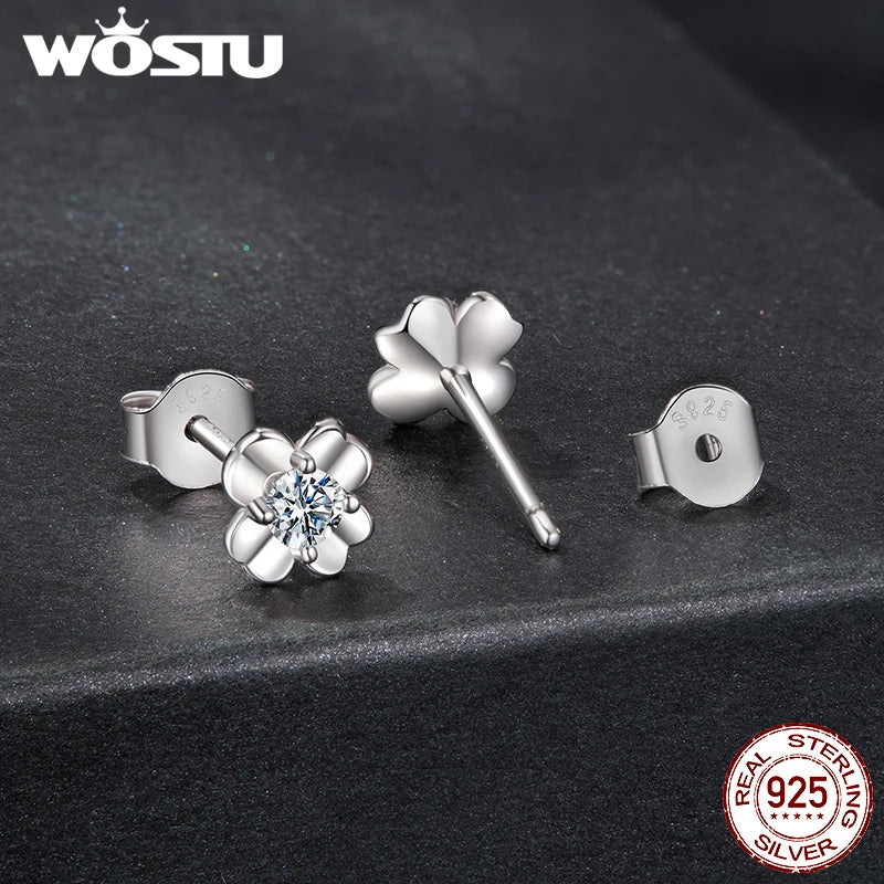 WOSTU Four-leaf Clover Moissanite Opening Ring Stud Earrings Chain Bracelet For Women 925 Silver Diamond Cut Wedding Jewelry Set