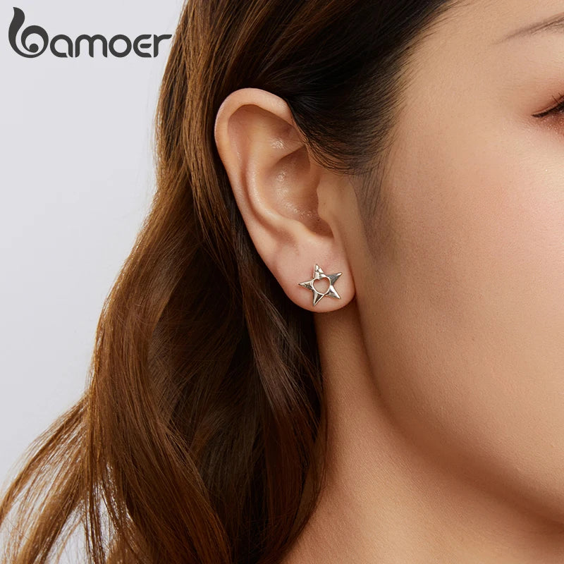 BAMOER Solid 925 Sterling Silver Tiny Star Earrings Stud for Women Teens Small Fashion Stud Earrings SCE1886