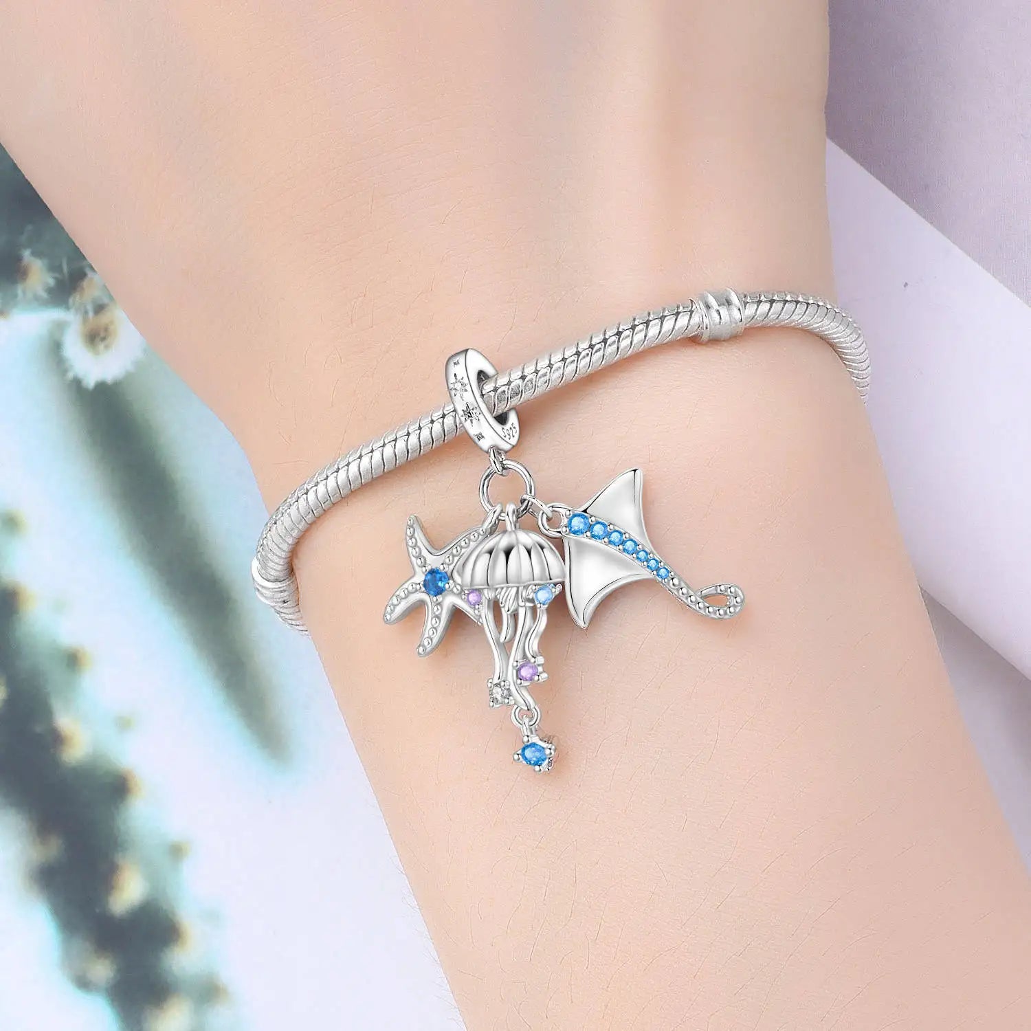 PANPOKI 925 Sterling Silver Sea Star Jellyfish Devil Fish Pendant Beads Original Pendants Bracelet Charm Jewelry Party DIY Gift