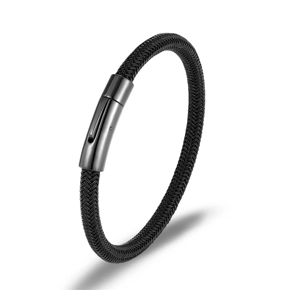 MKENDN Classic Men Women Jewelry Black Non-fading Steel Wire Rope Bracelet Classic Cuff Charm Button Bracelet for Couple Jewelry