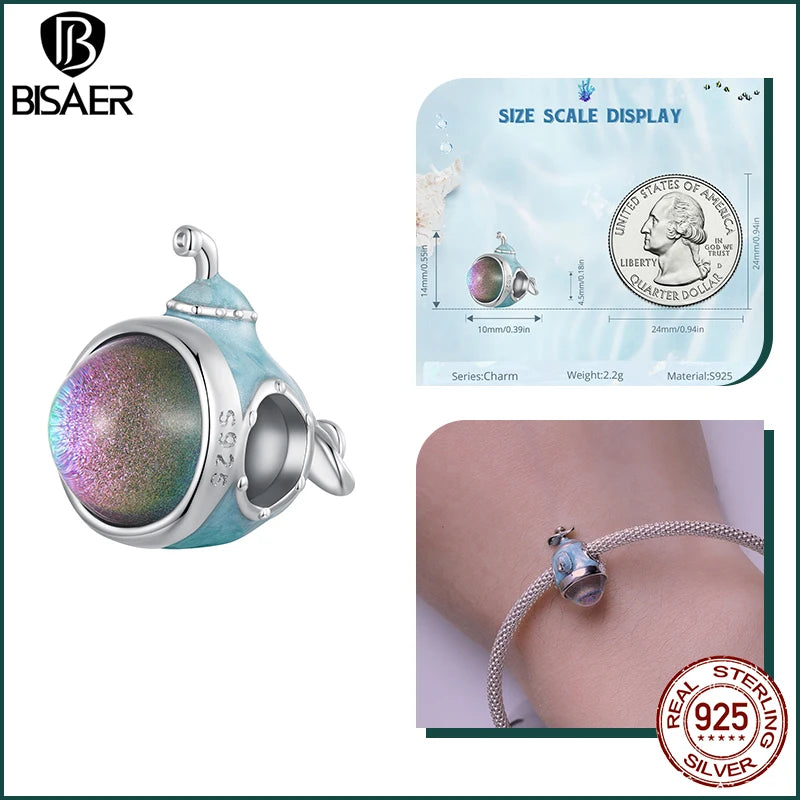 BISAER Real 925 Sterling Silver Bule Turtle Crab Charm Bead Sea Shells Pendant For Women DIY Bracelet & Necklace Holiday Gifts