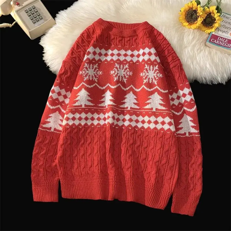 Japanese Retro Diamond-shaped Christmas Sweater Men and Women Couple Winter Pullover Knitted Sweater Top