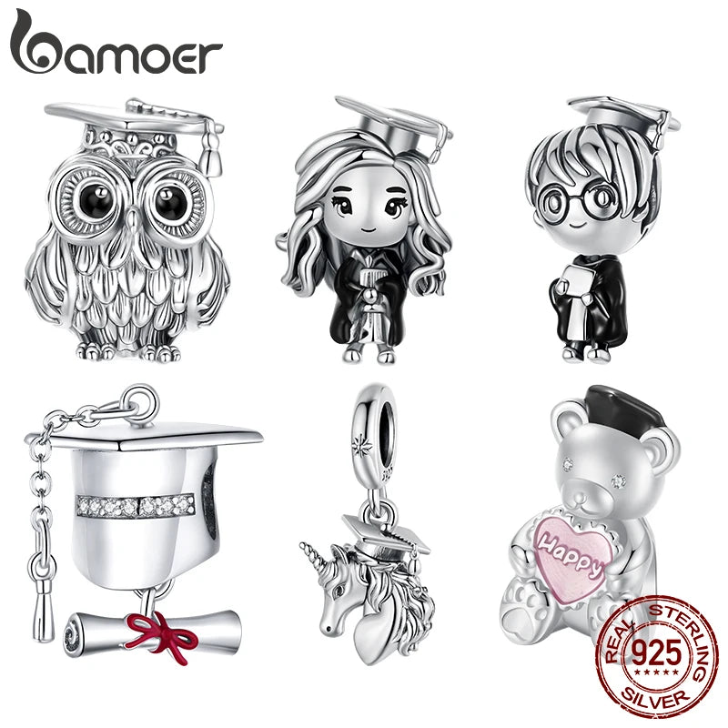 BAMOER Happy Graduate Charms Bachelor-Hut-Perlen, oxidierter Einhorn-Anhänger für junge Frauen, Armband, DIY-Geschenk zur Abschlussfeier