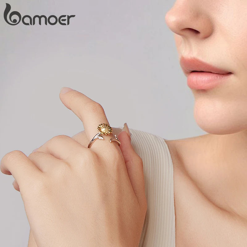 Bamoer 925 Sterling Silver Gold Sunflower Open Ring Adjusable Curved Band Flower Ring for Women Girls Lucky Birthday Gift