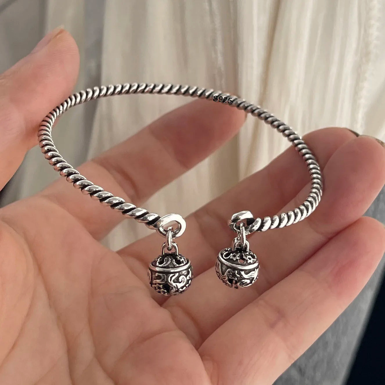 100% Solid 925 Sterling Silver Retro Bracelet for Women Men Vintage Handmade Flower Patern Bracelet Birthday Gift