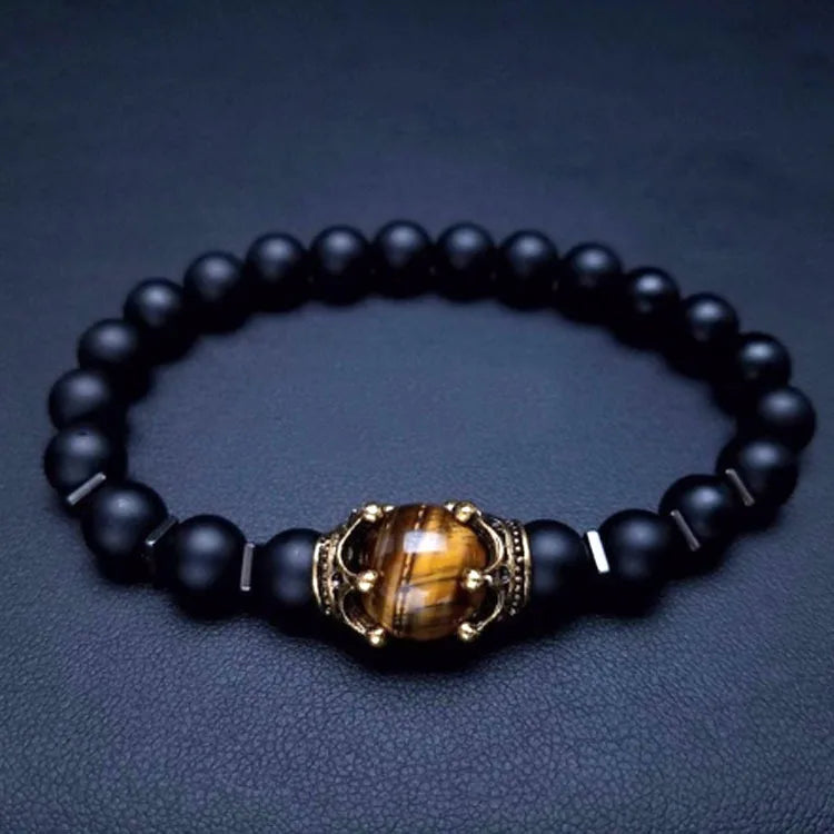 Fashionable Large Crown Tiger Eye Stone Bracelet Agate Matte Beaded Stylish Hand Chain Popular Jewelry Accessory