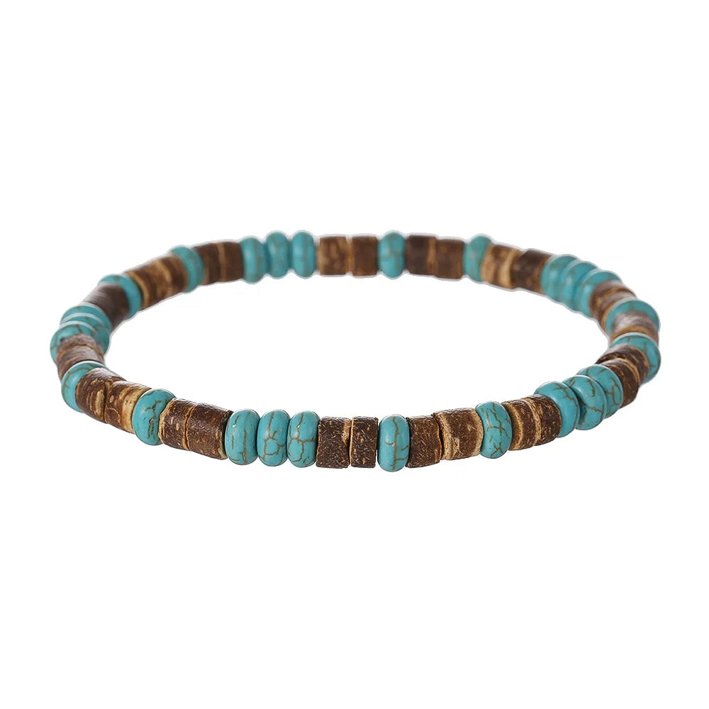 Coconut Turquoise Stone Wood Beads Bracelet Stackable Elastic Bracelet For Men and Women Retro Boho Vacation Jewelry Gifts