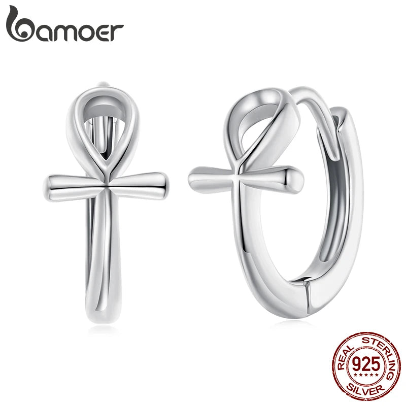 BAMOER 925 Sterling Silver Ankh Cross Huggies Hoop Earrings Original Viking Ear Cuffs for Women Religion Gift Guard Jewelry