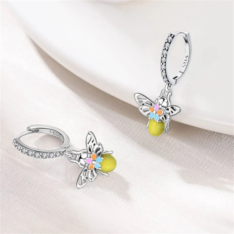 Classic Earrings For Women Girls 925 Silver Sparkling Four Leaf Clover Dragonfly Bees Double Hoop Earrings Luxury Party Jewelry