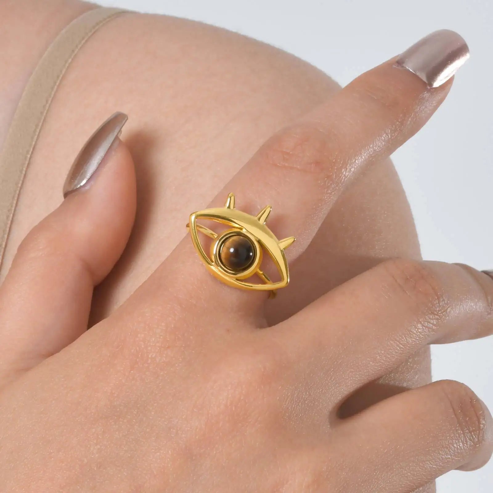 Vnox Brown Stone Eye-shaped Stainless Steel Rings Irregular Opening Trendy Rings  For Women Stone Finger Jewelry Never Lose