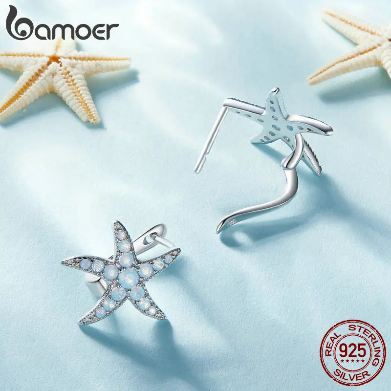 Bamoer 925 Sterling Silver Blue Opal Starfish Ear Buckles Delicate Sea Star Hoop Earrings for Women Fine Jewelry