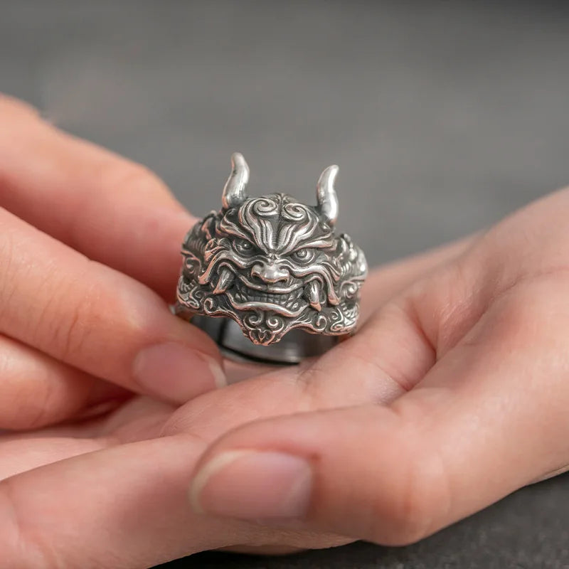 Retro Mahakala Mask Ring For Men Silver Color Punk Gothic Rock Hiphop Adjustable Open Ring Handmade Jewelry Biker Accessories