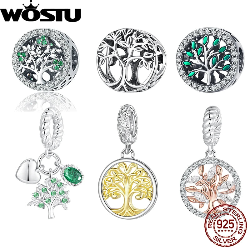 WOSTU 925 Sterling Silver Tree of Life Charm Pendant Hollow Family Original Fit for Women Bracelet DIY Birthday Fine Jewelry