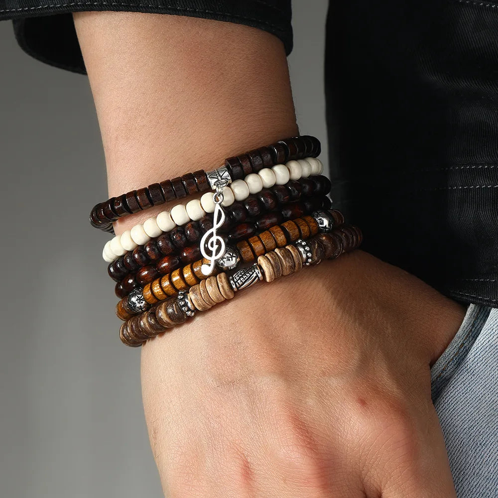 4Pcs/ Set Braided Wrap Leather Bracelets for Men Vintage Life Tree Rudder Charm Wood Beads Ethnic Tribal Wristband Rope Bracelet