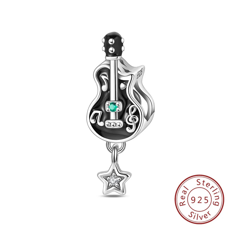 100% 925 Sterling Silver Guitar Rock Musical Note Carousal Headphones Charms Beads For Bracelet Necklace DIY Jewelry Accessories