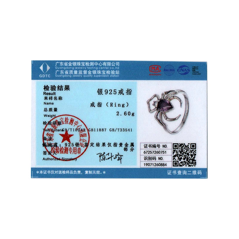 BISAER 925 Sterling Silver Spider Ring Purple Zircon Statement Band for Woman Party Original Fine Jewelry ECR1158