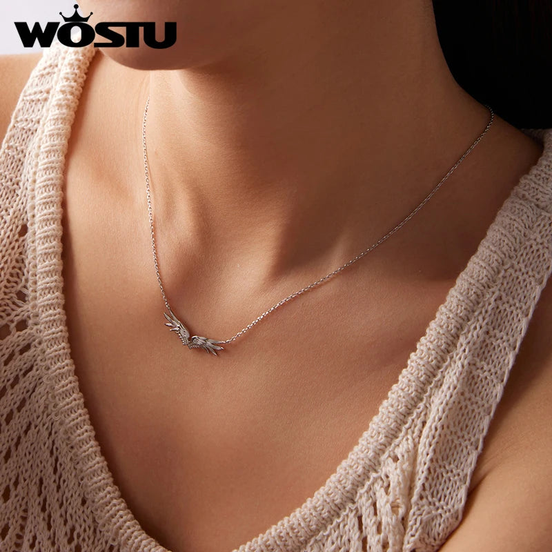 WOSTU Angel Wing Necklace for Women, 925 Silver Feather Pendant Chain Minimalist Winged Jewelry Gift for Her Valentine's Gift