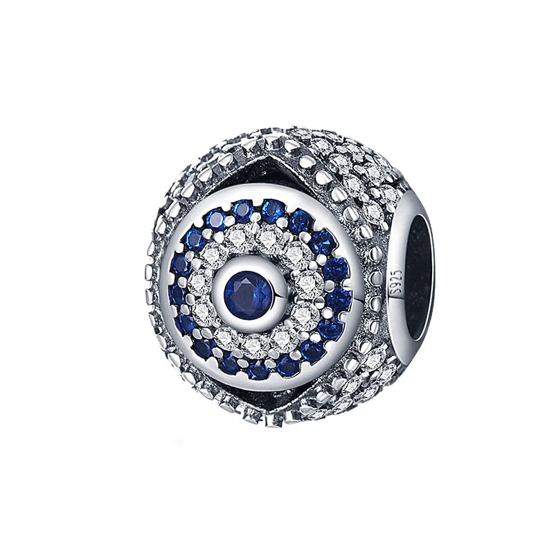 Genuine 925 Silver Evil Eye Blue Zircon Round Lucky Charms Beads Fit Pandach 925 Original Bracelets Fine DIY Birthday Jewelry