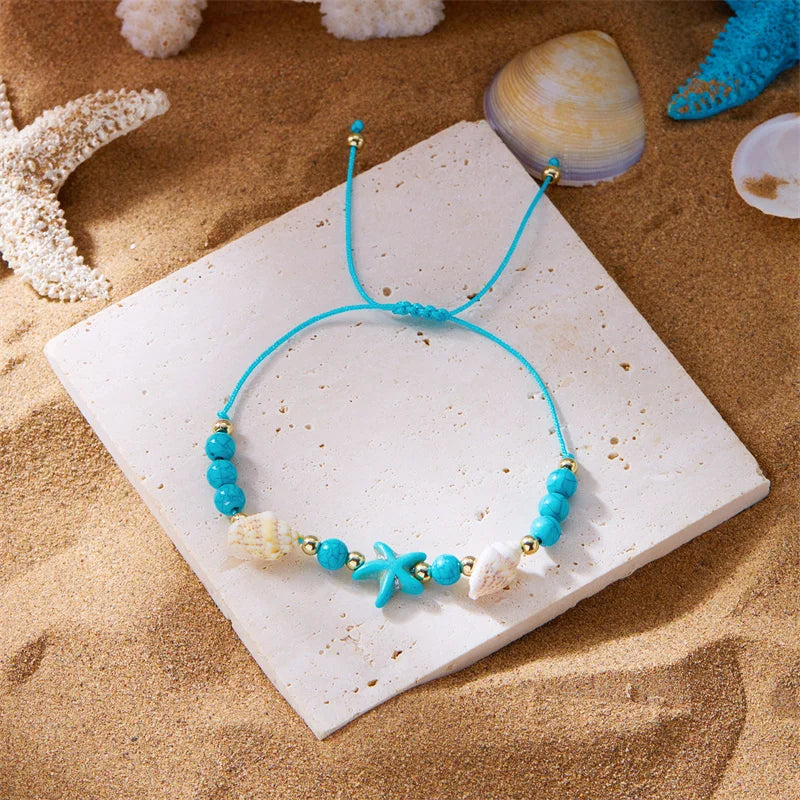 Bohemian Starfish Conch Shell Beads Bracelet For Women Girls Summer Beach Party Rice Bead Adjustable Bangle Friendship Jewelry
