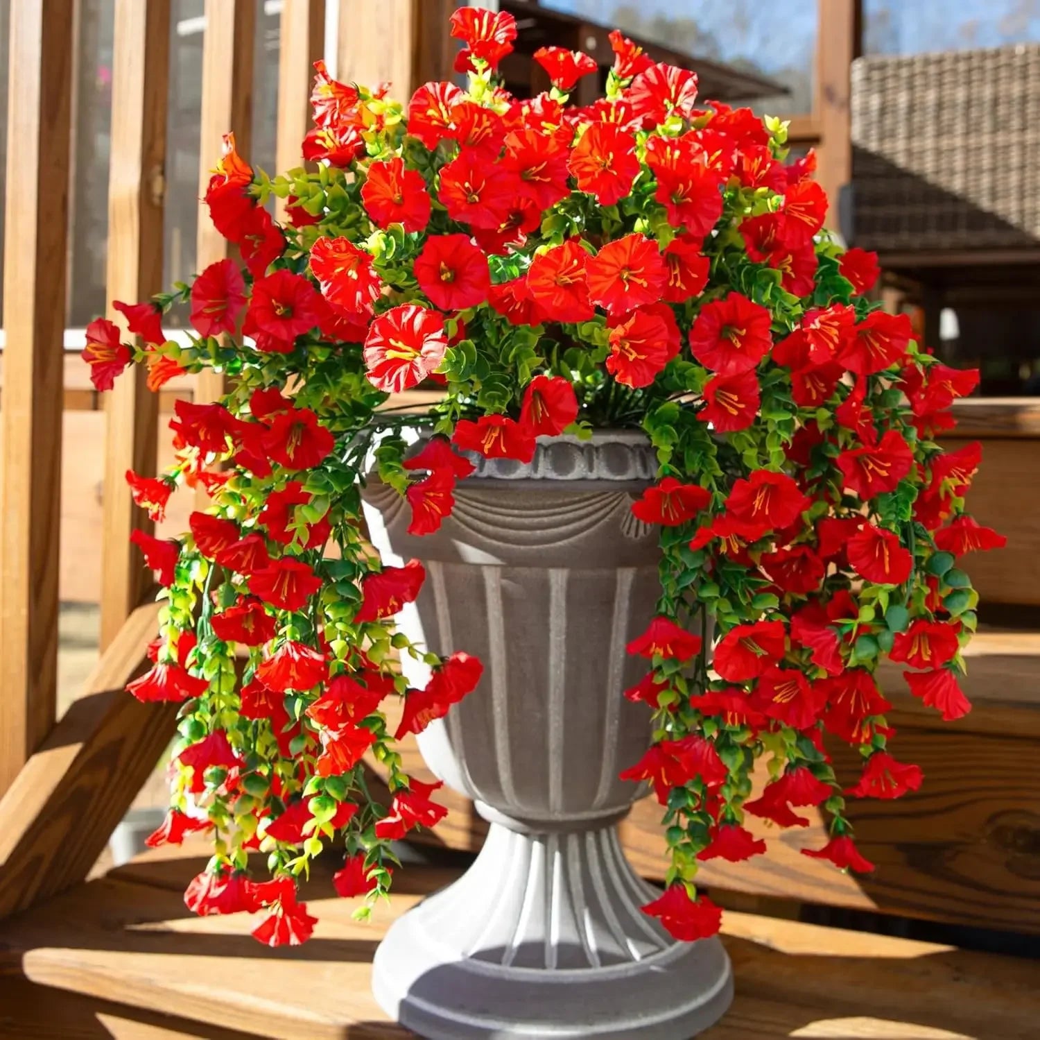 Artificial Hanging Flowers Plants Silk Morning Glory Flowers with Eucalyptus Leaves for Home Garden Porch Window Decoration