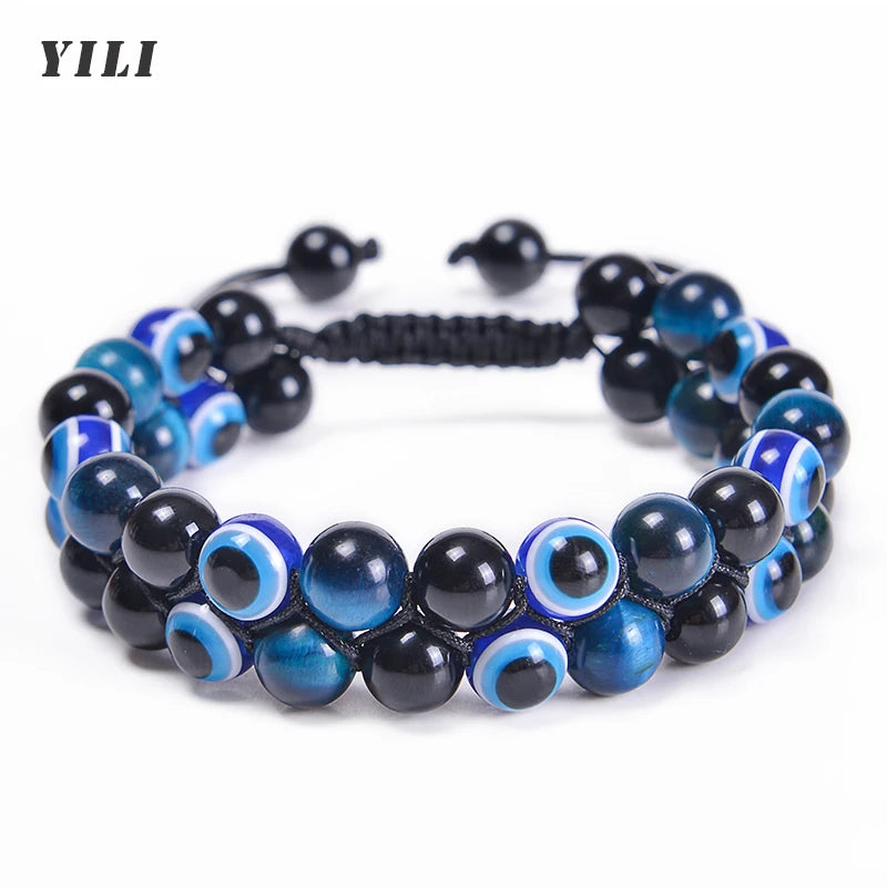 8MM Evil Eye Triple Protection Bracelet Blue Tiger Eye Stone Black Onyx Bracelet Healing Handmade Natural Stone Beads Bracelet