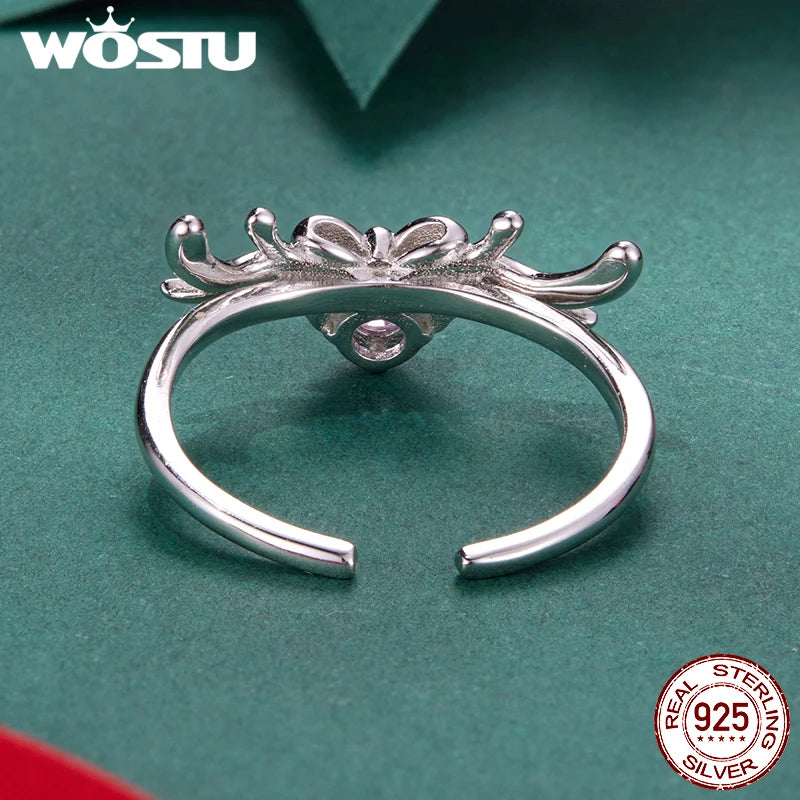 WOSTU 925 Sterling Silver Pink Crystal Christmas Reindeer Ring with Bow For Women, Sweet Xmas Jewelry Gift Stackable Rings