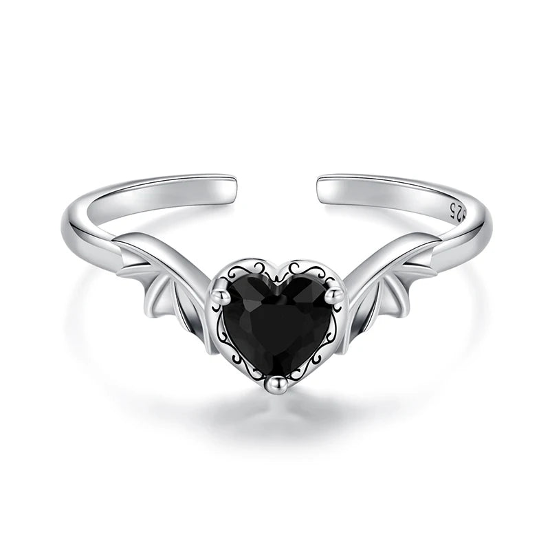 WOSTU 925 Sterling Silver Black Heart Zircon Open Ring For Womem Retro Devil Wing Rings Punk Jewelry Girl Party Birthday Gift