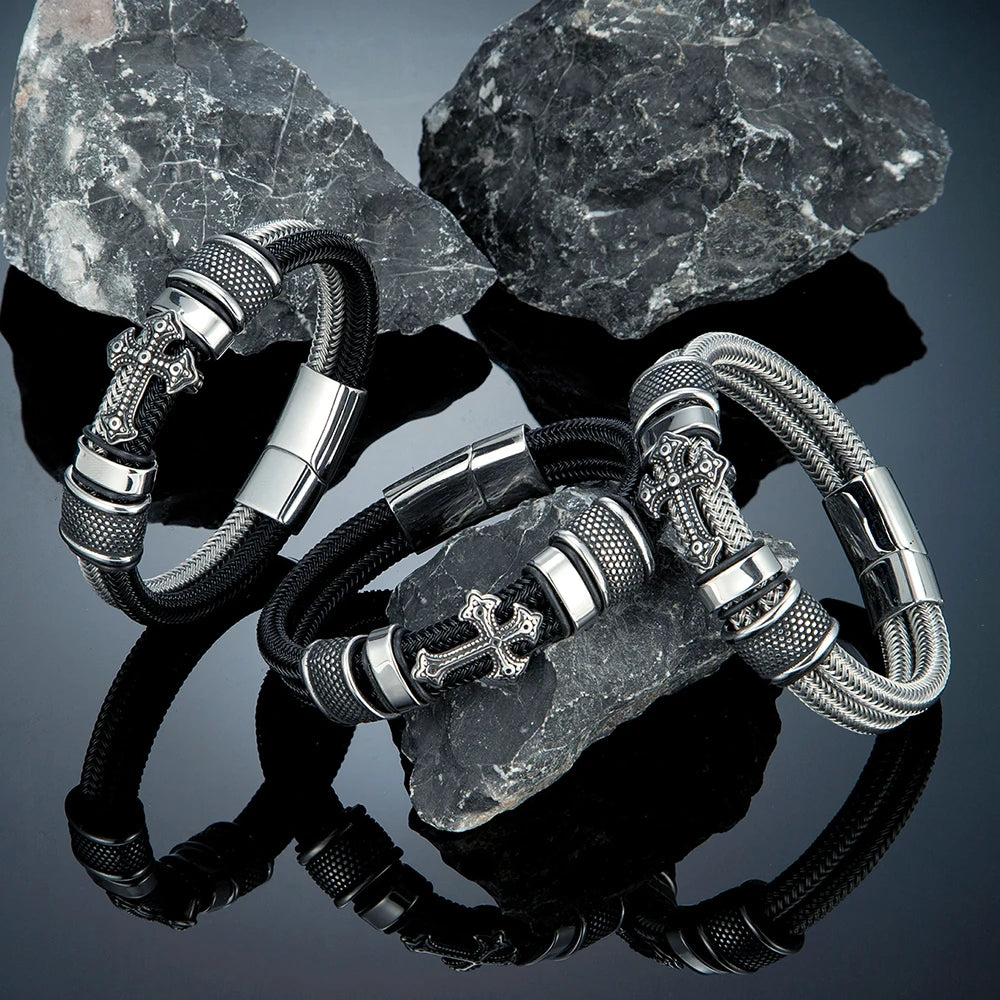MKENDN Punk Rock Cross Double-layer Braid Steel Wore Rope Bracelet Classic Stainless Steel Bangles For Men Friend Gift