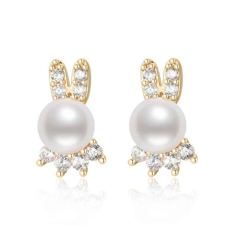 6-7Mm Freshwater Pearl Cute Rabbit Earrings For Women Fashion White Marquise Zircon Earring Wedding Dinner Party Jewelry