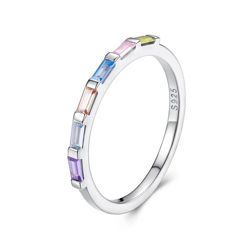 BAMOER 925 Sterling Silver Dainty Rainbow Single Band Colorful Zirconia Band Finger Ring for Women Teens Unique Beach Party Gift
