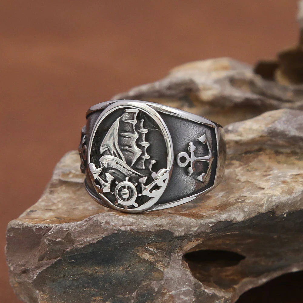 Fashion Vintage Nordic Sailboat Pirate Ring Male 316L Stainless Steel Viking Compass Rings Biker Amulet Jewelry Gift Wholesale