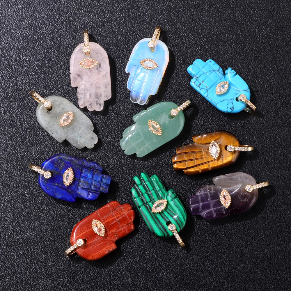1PC Fatima Hand Gem Pendant Natural Rose Quartzs Opal Malachite Turquoises Evil Eye Charms DIY Necklace Bracelets Earrings