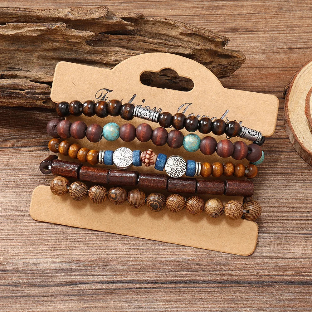 Vintage Cross Multi-Layer Beaded Wooden Beads Men's Bracelet Multi-Piece Set Bracelet