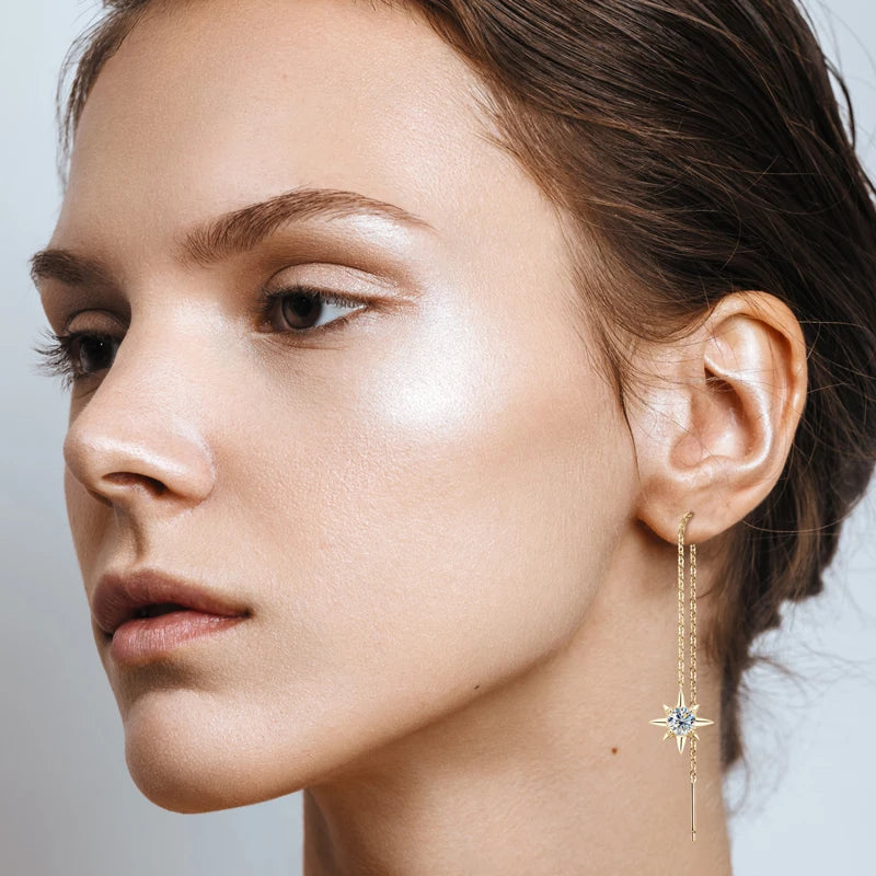 925 Sterling Silver Moissanite Asymmetry Star Moon Ear Thread Fashion Threader Earring Ladies Fashion Jewelry Gift 2025New