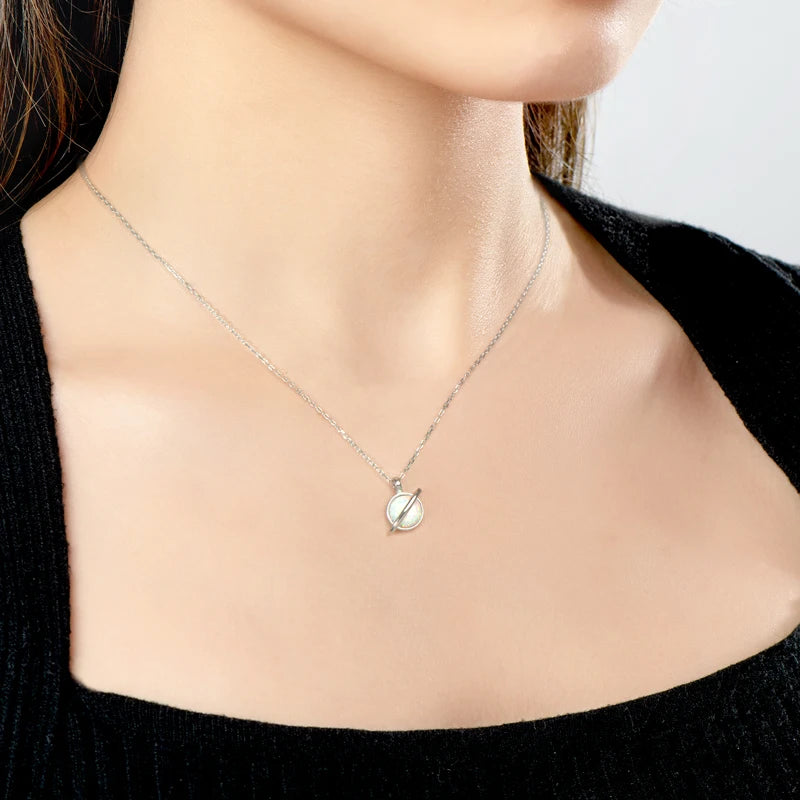8mm Round White Fire Opal Fashion Planet Necklace Classic 925 Sterling Silver Ladies Pendant Necklace for Women Exquisite Gift
