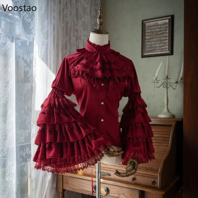 Victorian Elegant Lolita Style Shirts Japanese Women Vintage Gothic Lace Ruffles Flare Long Sleeve Blouses Sweet Y2k Slim Tops - Madeinsea©