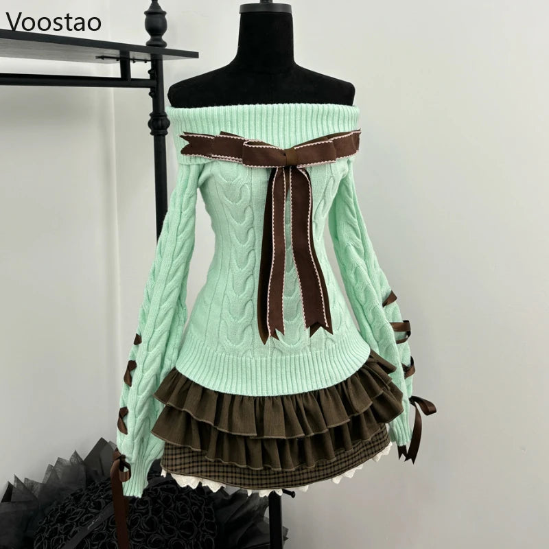 Autumn Winter Sweet Lolita Style 2 Piece Set Women Kawaii Slash Neck Bow Knitted Sweater Mini Cake Skirt Suit Femme Y2k Outfits