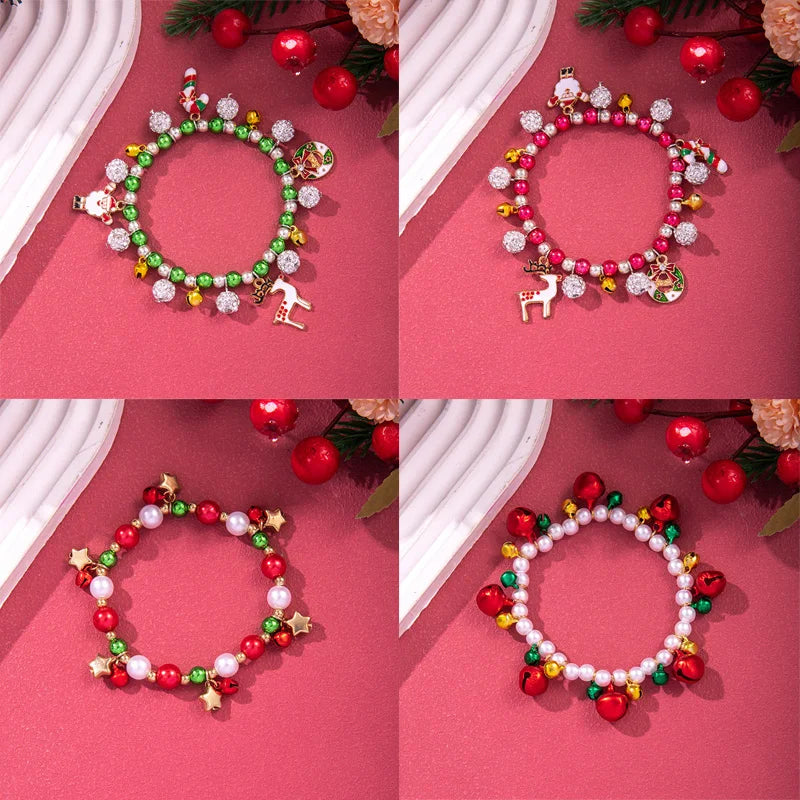 Christmas Multicolor Beads Beaded Bracelet For Women Shiny Crystal Zircon Elk Bell Star Imitation Pearl Bangle New Year Jewelry